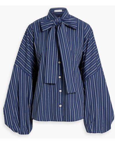 Palmer//Harding Renew Pussy-bow Striped Cotton-poplin Shirt - Blue