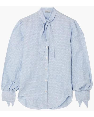 James Purdey & Sons Tie-neck Linen And Cotton-blend Jacquard Top - Blue