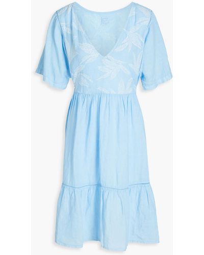 120% Lino Gathered Glittered Linen Dress - Blue