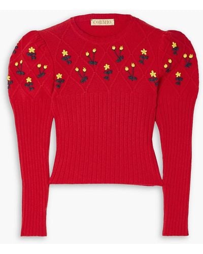 Cormio Oma Embroide Ribbed Wool Sweater - Red
