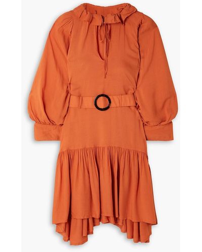 Evarae Marais Belted Ruffled Swiss-dot Tm Lyocell Dress - Orange