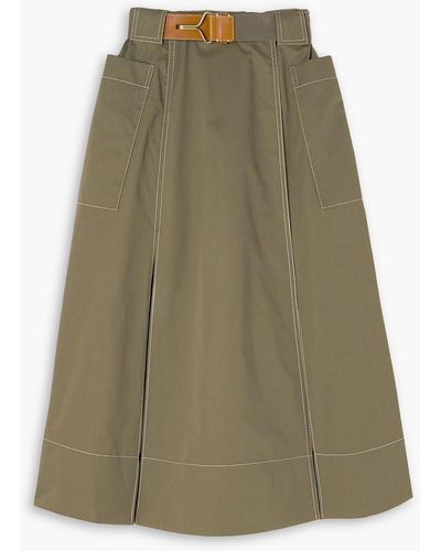 Tory Burch Leather-trimmed Belted Pleated Cotton-twill Midi Skirt - Green