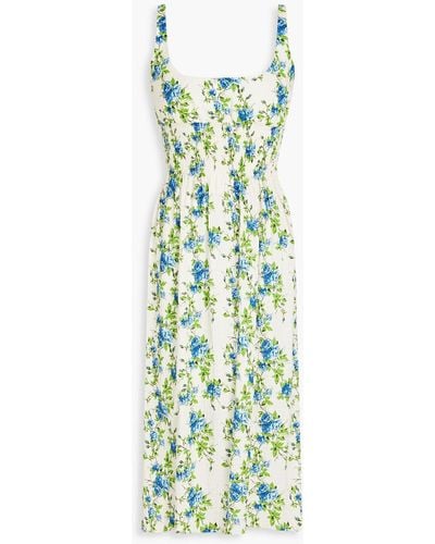 Emilia Wickstead Giovanna Floral-print Cotton-blend Swiss-dot Seersucker Midi Dress - Blue