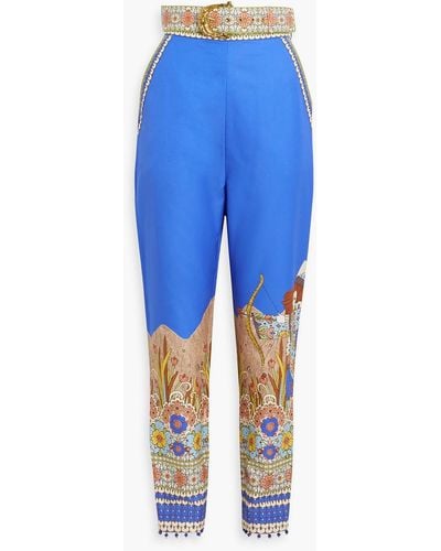 Zimmermann Belted Printed Cotton And Silk-blend Twill Tapered Pants - Blue