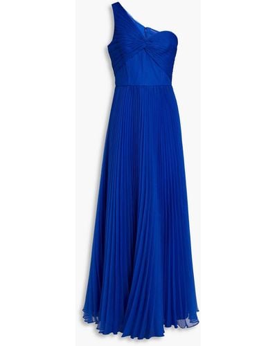 THEIA Mahlia One-shoulder Pleated Organza Gown - Blue