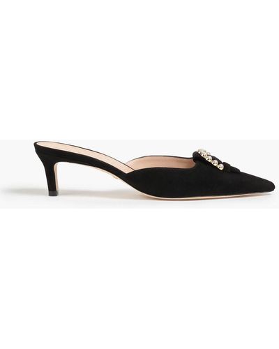Stuart Weitzman Pearl Geo Buckle Embellished Suede Mules in Black