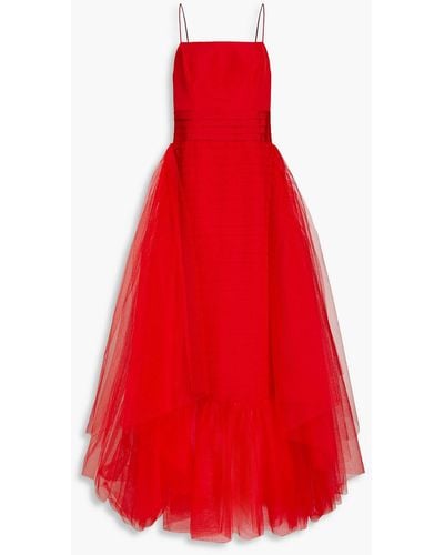 Carolina Herrera Tulle-paneled Pintucked Silk-faille Gown - Red