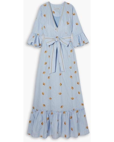 Lug Von Siga Diana Belted Ruffled Embroidered Cotton-voile Maxi Dress - Blue