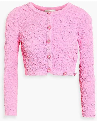 LoveShackFancy Senina Cropped Embellished Cotton-blend Cloqué Cardigan - Pink