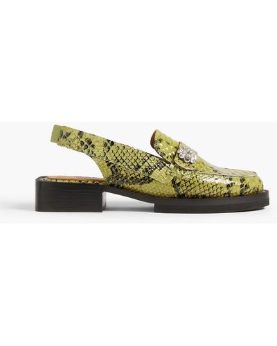 Ganni Crystal-embellished Snake-effect Leather Slingback Loafers - Green