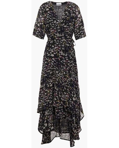 Ganni The pav asymmetrisches midi-wickelkleid aus chiffon mit floralem print - Schwarz