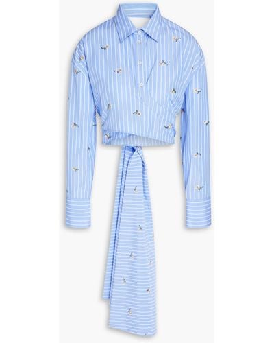 MSGM Cropped Embellished Striped Cotton-blend Shirt - Blue