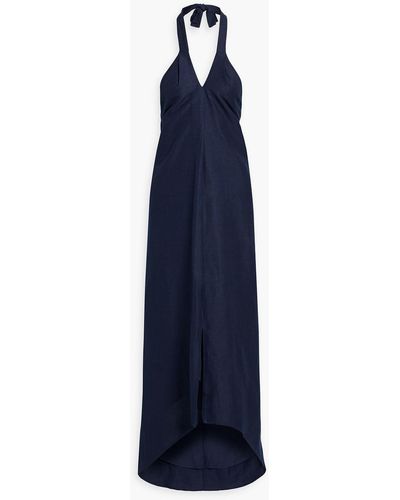 Onia Asymmetric Linen-blend Halterneck Maxi Dress - Blue