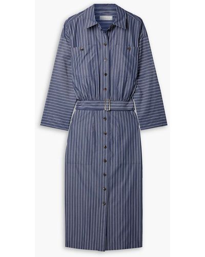 Lafayette 148 New York Belted Striped Cotton-poplin Midi Shirt Dress - Blue
