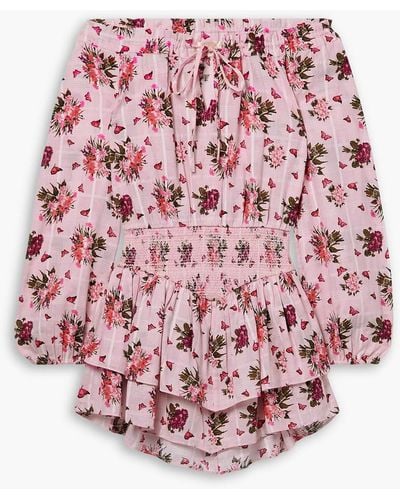 LoveShackFancy Netra Off-the-shoulder Ruffled Floral-print Cotton-voile Mini Dress - Pink