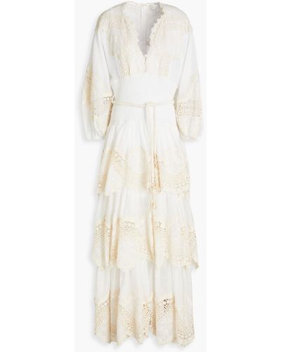 Zimmermann Crocheted Lace-trimmed Tiered Ramie-gauze Maxi Dress - White