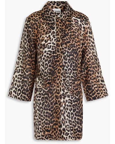 Ganni Ruched Leopard-print Cotton-mousseline Shirt - Brown