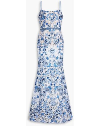 Marchesa Embroidered Macramé Gown - Blue