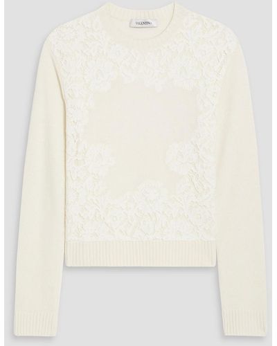 Valentino Garavani Corded Lace-paneled Wool And Silk-blend Sweater - Natural