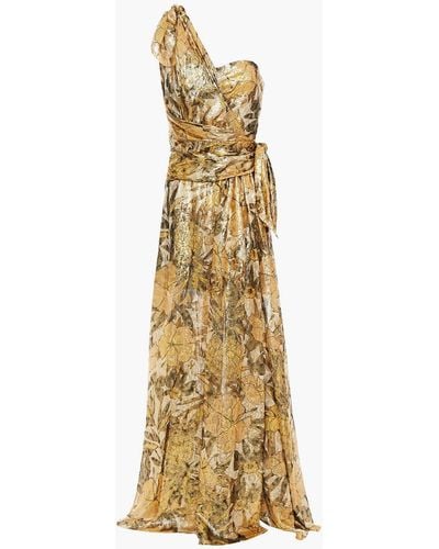 Dundas One-shoulder Draped Floral-print Silk-blend Lamé Gown - Metallic