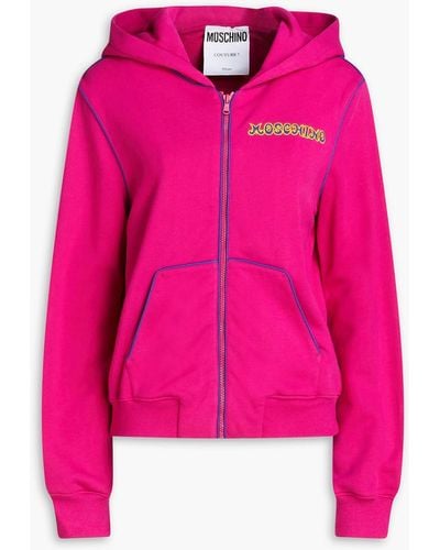 Moschino Embroidered French Cotton-terry Hoodie - Pink