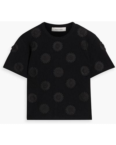 Valentino Garavani Cropped Floral-appliquéd Jersey T-shirt - Black
