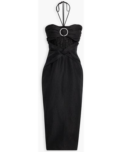 Rasario Lace-paneled Embellished Linen-blend Halterneck Midi Dress - Black