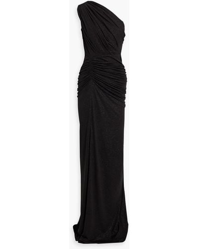 Rhea Costa One-shoulder Ruched Glittered Jersey Gown - Black