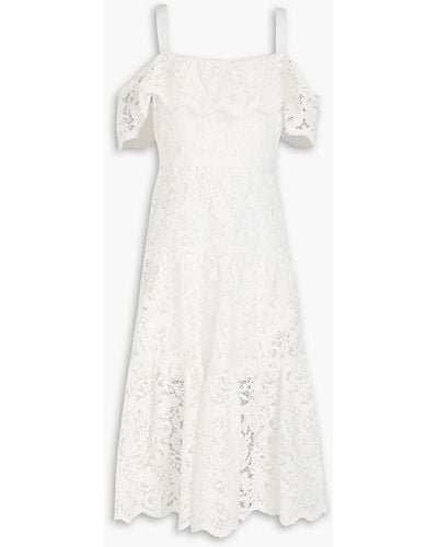 Marchesa Cold-shoulder Ruffled Guipure Lace Midi Dress - White