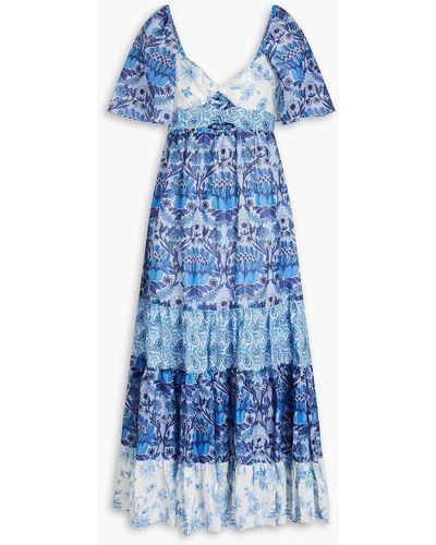 Sandro Floral-print Linen-blend Midi Dress - Blue