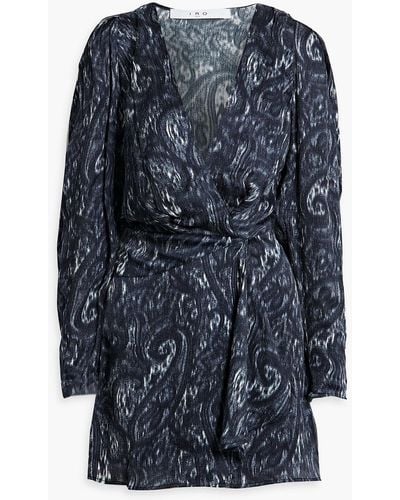 IRO Chayton Wrap-effect Printed Plissé-silk Mini Dress - Blue