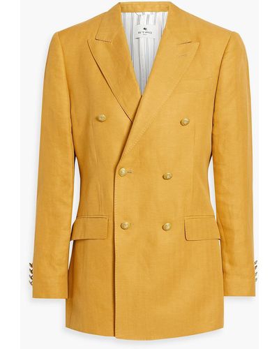 Etro Double-breasted Linen And Silk-blend Twill Blazer - Yellow