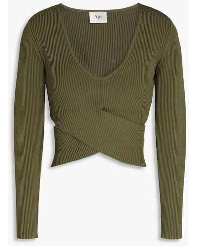 Aje. Wrap-effect Cutout Ribbed-knit Top - Green