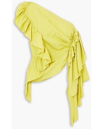 Dries Van Noten One-shoulder Draped Ruffled Cotton-blend Sateen Top - Yellow