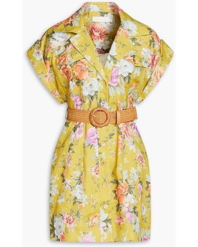 Zimmermann Belted Floral-print Linen Mini Shirt Dress - Yellow