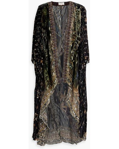 Camilla Embellished Printed Metallic Fil Coupé Kaftan - Black