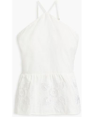 Joie Embroidered Gathered Cotton And Linen-blend Halterneck Top - White