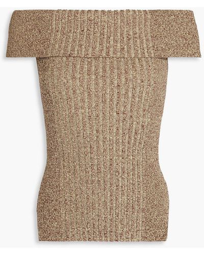 Ganni Off-the-shoulder Marled Ribbed-knit Top - Brown