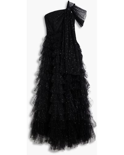 RED Valentino One-shoulder Tiered Glittered Tulle Midi Dress - Black