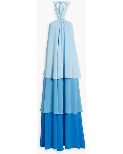 Ganni Tiered Color-block Crepon Halterneck Maxi Dress - Blue