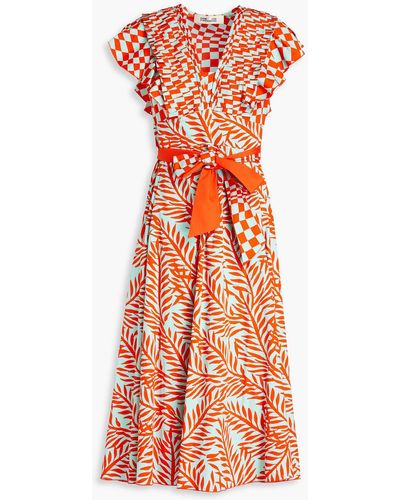 Diane von Furstenberg Britta Belted Printed Cotton-blend Poplin Midi Dress - Orange