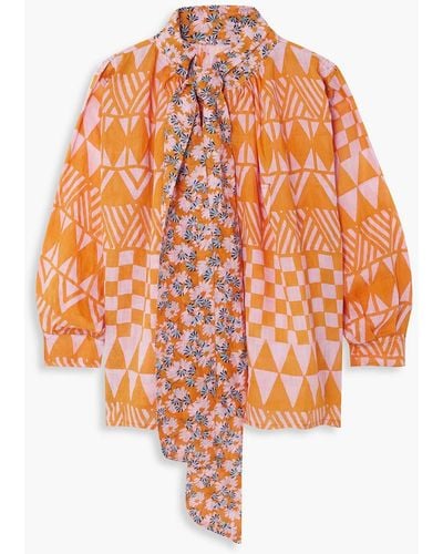 Yvonne S Pussy-bow Printed Linen Blouse - Orange