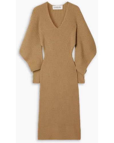 Lanvin Cutout Embellished Ribbed Wool And Cashmere-blend Midi Dress - Natural