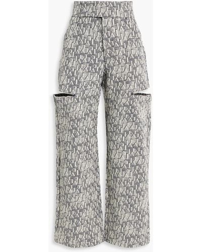 Sara Battaglia Cutout Cotton-jacquard Straight-leg Pants - Grey