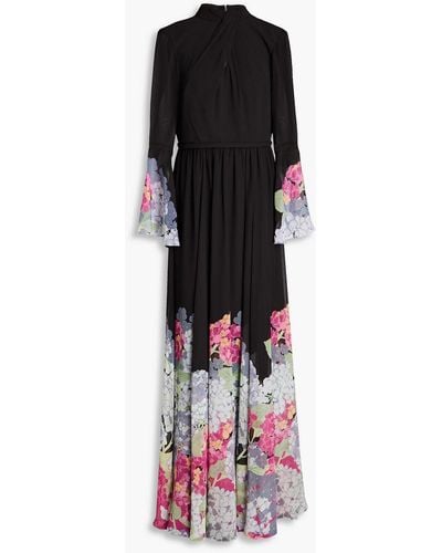 Mikael Aghal Gathered Floral-print Chiffon Gown - Black