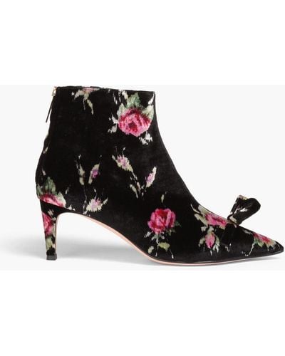 Red(V) Bow-embellisehd Floral-print Velvet Ankle Boots - Black