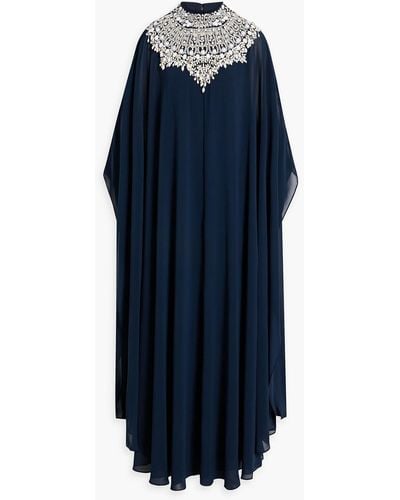 Badgley Mischka Cape-effect Bead-embellished Chiffon Gown - Blue