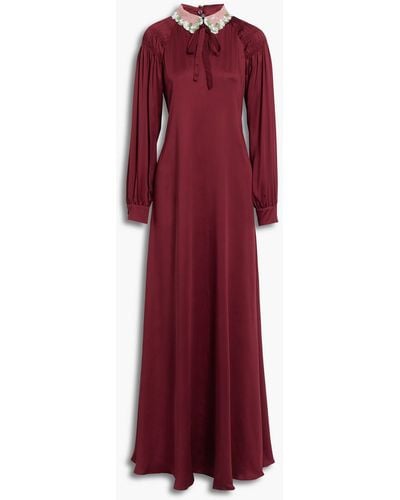 Valentino Tie-neck Smocked Silk-satin Maxi Dress - Red