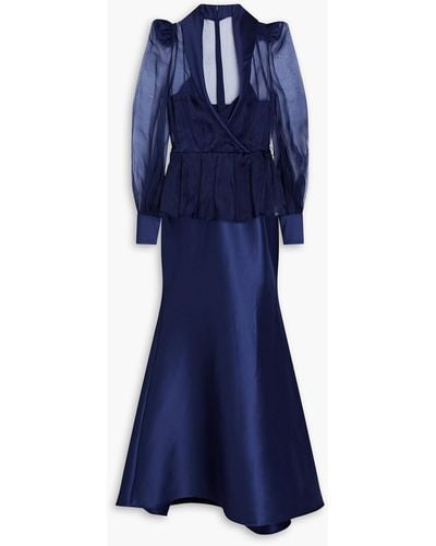 Badgley Mischka Robe aus satin mit organzaeinsätzen und wickeleffekt - Blau