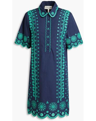 Saloni Dree Scalloped Broderie Anglaise Cotton Mini Shirt Dress - Blue